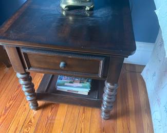 #38 - $90 - Side table single drawer walnut style 24x26x26 with bulbous legs