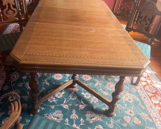 #12 - $800 - Jacobean Circa 1930's dining table 5'L +12"x2 leaves x 44"Wx31T, 5 chairs, 1 captain chair