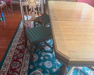 #12 - $800 - Jacobean Circa 1930's dining table 5'L +12"x2 leaves x 44"Wx31T, 5 chairs, 1 captain chair