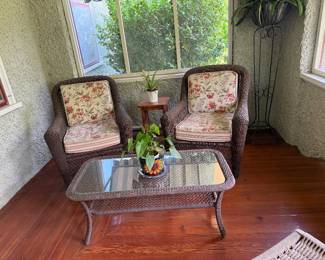 #69 - $200 - All weather wicker brown 2 armchairs & coffee table