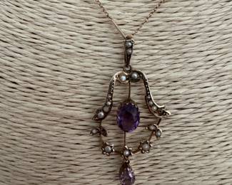 #7 - $350 9kt gold English Edwardian necklace pearls/amethyst necklace