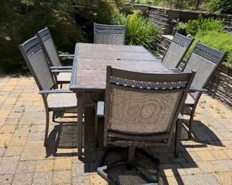#72 - $350 - Aluminium table 69x41x29 table & 6 chairs with green umbrella