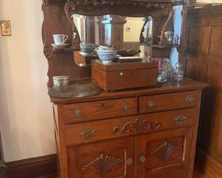 #22 - $700 - American oak antique carved sideboard with shelve & mirror back 48x21x70