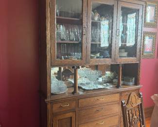 #15 - $800 - Antique oak china cabinet 63Lx17Dx91T with mirror back & column front - brass hinges