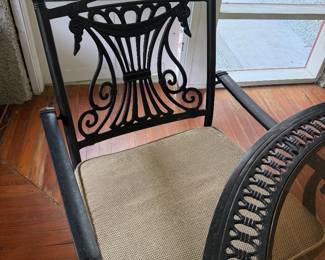 #67 - $450 - Aluminum black round table with lazy susan 50Dx28T with 4 armchairs