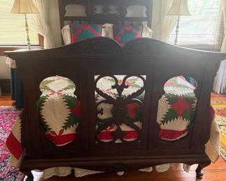 #45 - $700 - Antique carved mahogany bed on casters 57Lx64W with vintage mattress