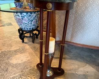 #24A - $64 each - federal style plant stand with round marble top green marble 12x27