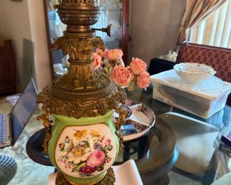 #18. $140 - 19th century Old Paris porcelain lamp oil green & floral 7x25