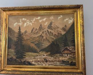 #9 - $300 - German oil painting on canvas gilded frame off Mountain scene signed Braun 70's 30x38