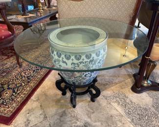 #31- $80 -Asian planter table glass top 30x30x21