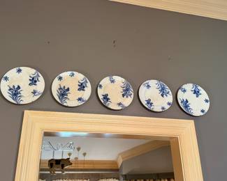 #22 - $60 -Set of 5 flow blue & gold rim iris dinner plates