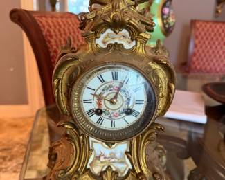 #20 - $150 -Mid 20th century Mantel spelter gilded clock enamel dial & details Made in France 9x6x15 possibly Japy Freres