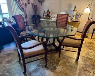#11- $295 -Octogonal glass top table 56x56x29 with 4 casters armchairs