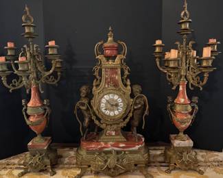 #7 - $495 -Frantz Hermann (made in Germany) clock and candelabras set French Louis XVI style with marble inserts rouge 6x6x27 candleholders 14x7x27