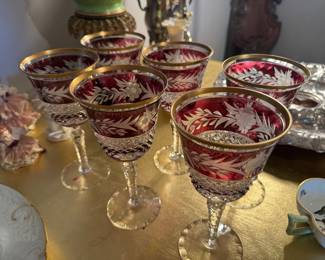 #36 - $90 -Bohemian crystal set of 6 wine glasses red/gold