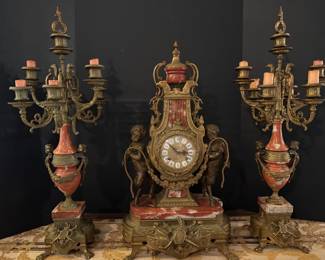 #7 - $495 -Frantz Hermann (made in Germany) clock and candelabras set French Louis XVI style with marble inserts rouge 6x6x27 candleholders 14x7x27
