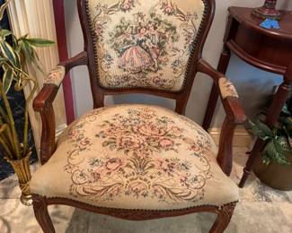 #29 - $98. Each -One of Two French style tapestry armchairs 25x20x32