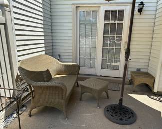 Patio Furniture, Loveseat and side tables, Umbrella Stand