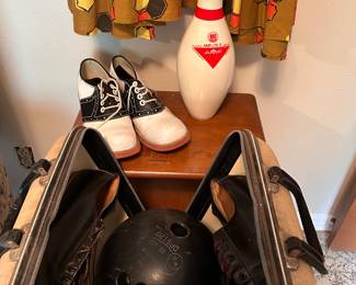 BOWLING BALL, BAG, SHOES, 1950s LADIES SADDLE SHOES