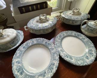 19c blue and white transferware with architectural vignettes