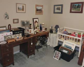 desk, crib, wall art, frames, vintage Singer sewing machine