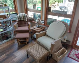 Woodard all weather wicker chair and ottoman, glider rocker and ottoman, wall art, lighthouse
