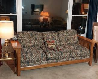 Bassett mission style sofa, mission style arm chair, area rugs, side table, table lamps, floor lamp