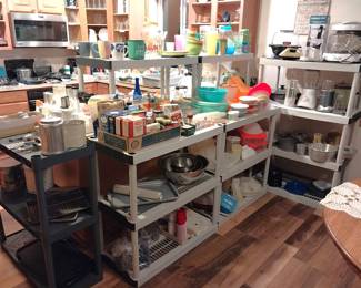 Fiesta Ware, Pyrex, Fire King, Fire King jadeite, Nu Wave infrared oven, Presto popcorn popper, NutriBullet, Oster electric fry pan, Tupperware, salt and pepper shakers, Glidden pottery, Keurig, Sevilla, Lodge cast iron, Members Mark pans, roaster pan