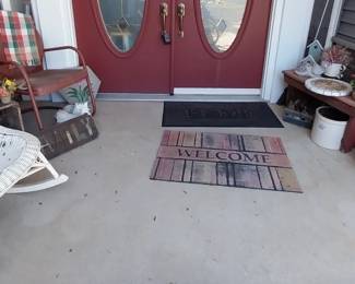 wicker chair, metal chair, crock, porch decor