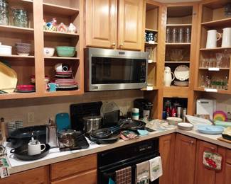 Fiesta Ware, Pyrex, Fire King, Fire King jadeite, Nu Wave infrared oven, Presto popcorn popper, NutriBullet, Oster electric fry pan, Tupperware, salt and pepper shakers, Glidden pottery, Keurig, Sevilla, Lodge cast iron, Members Mark pans, roaster pan