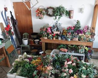 silk flowers, planters, ski decor, garden
