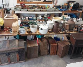 vintage kitchen, enamelware, wooden crates, whisky box, steamer trunk, tools