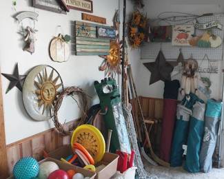 garden decor, rocking camp chairs, toys, 10x10 canopy, walking sticks, hammock