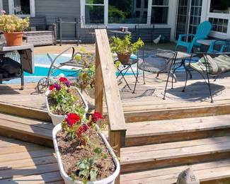 Woodard patio furniture, Weber grill, storage bench, Adirondack chairs