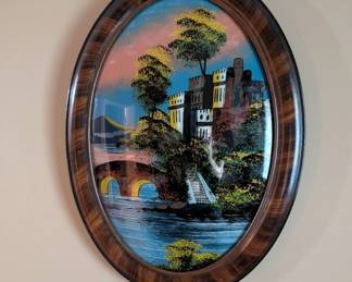 Oval Convex Bubble Glass Framed Castle Painting 