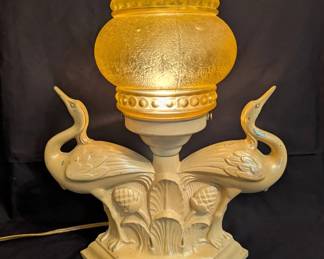 Art Deco Double Crane Table Lamp Amber Glass Shade