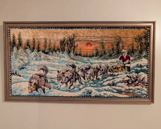 Vintage Sledding Dogs Framed Fabric Tapestry Art