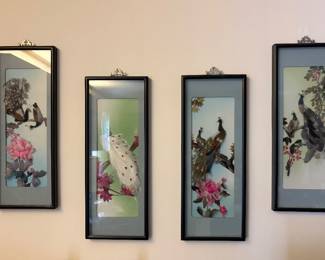 MCM Peacock Bird Framed Picture Set made with Real Feathers