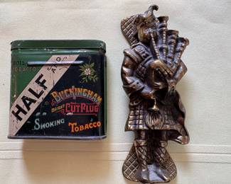 Antique Tobacco Tin & Scottish Bagpipe Door Knocker