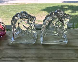 Mid Century Clear Glass Horse Head Figures/Bookends