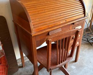 Vintage Children Size Roll -Top Desk with Chair