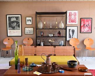 Dunbar bookshelf Model 5455 by Edward Wormley / Hans J. Wegner GE 258 Teak and Cane Daybed Sofa for Getama
