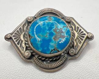 Turquoise Brooch With Dark Matrix “Old Pawn” or Vintage Style Signed by Artist