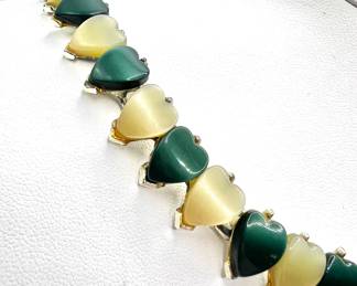 Green and Beige Hearts Vintage Thermoset Jewelry