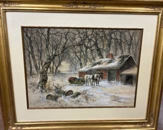 Large 19th century watercolor in guilt frame signed
