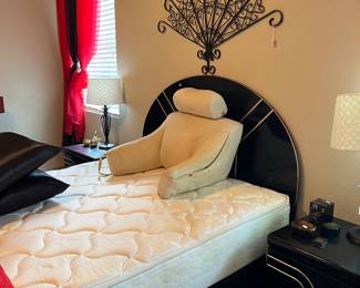 Sealy queen size mattress/box springs, red/black sheer curtains