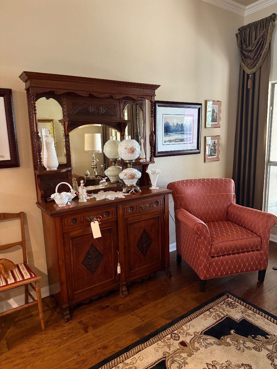 Beautiful antique carved sideboard , Fenton milk glass including Gone with the Wind Lamp