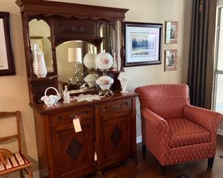 Beautiful antique carved sideboard , Fenton milk glass including Gone with the Wind Lamp