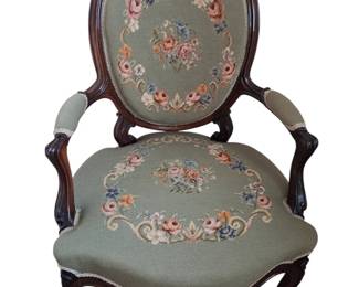 Antique Victorian Carved Wood Needlepoint Parlour Chair