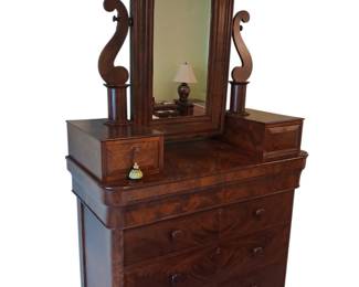 19th Cen Antique Empire Flame Mahogany Dresser Mirror